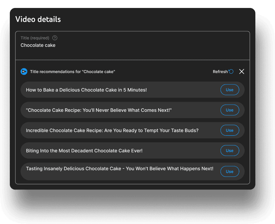 vidIQ's AI Title Generator provides several title recommendations for the query, 'chocolate cake'.